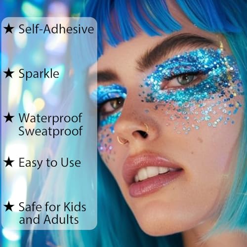 Mysense Royal Blue Body Glitter Gel, Singer Concerts Face Hair Glitter Makeup, Music Festival Rave Accessories, Chunky Gli...