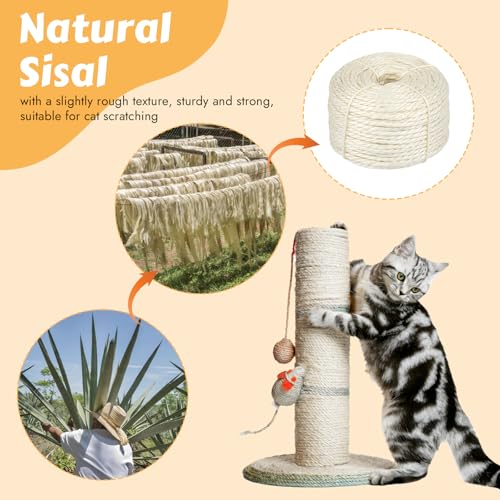 164 Feet Sisal Rope for Cat Scratching Post, 4 mm Natural Cat Tree Rope, DIY Hemp Twine Rope for Repairing, Recovering Scr...