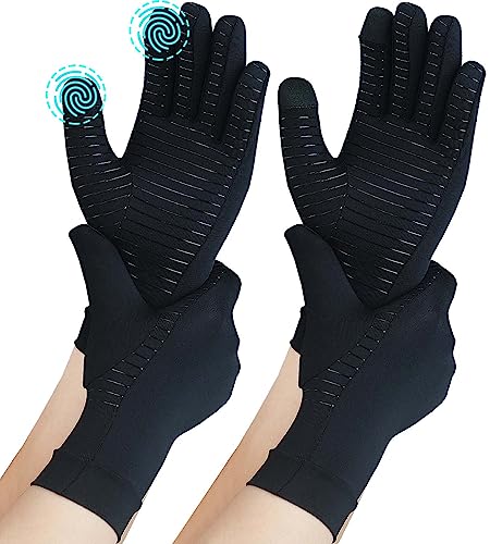 2 Pairs Full Finger Copper Arthritis Compression Gloves with Touchscreen Tips. Relief for Hand Pain, Carpal Tunnel, Rheuma...