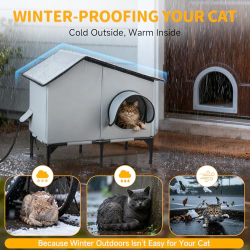 Heated Outdoor Cat House with Heater, Waterproof and Insulated Cat Shelter for Winter, Durable and Warm Cat Houses for Out...