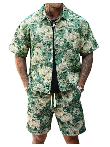 RoseSeek Men's 2 Piece Vacation Beach Outfits Floral Short Sleeve Button Down Shirt and Shorts Summer Clothing Set