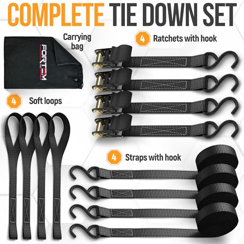 FORTEM Ratchet Straps, Tie Down Strap Set 1650lb Break Strength, 4 Pack 15ft x 1in, 4 Soft Loops, Moving Straps Tie Downs,...