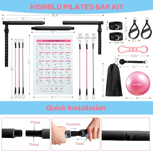 kisnbld Pilates Bar Kit with Resistance Bands, Multifunctional Pilates Bar with 3 Set Exercise Resistance Bands, Portable ...