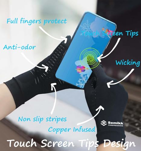 2 Pairs Compression Full Finger Arthritis Gloves, Copper Glove with Touch Screen Fingers for Everyday Support, Hand Joint ...