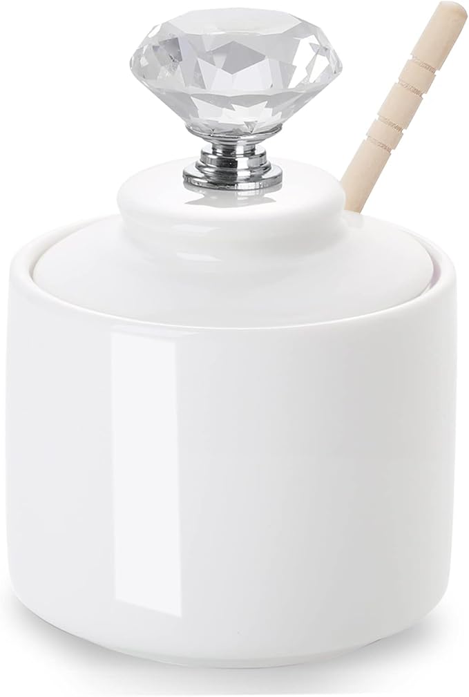 ONTUBE Ceramic Honey Jar with Dipper and Crystal Lid, Small Honey Pot for Home Kitchen, 8oz (Silver)