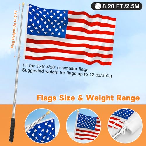 Portable Handheld Flag Pole for Carrying, 8.2Ft/2.5M Stainless Steel Telescopic Hand Held Carry Flag Pole, Telescoping Tou...