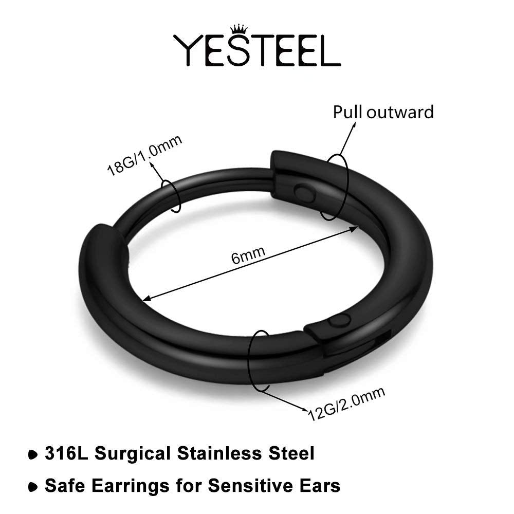 6MM Surgical Steel Hoop Earrings, Black Small Huggie Hoop Earrings Hypoallergenic, 18G Hoop Earring Men Huggy Hoops Sleeper Cart