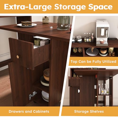 KEIKI Folding Dining Table for 4, Farmhouse Kitchen Extendable Table with Wall-Mounted Storage & Socket, Drop Leaf Tables ...