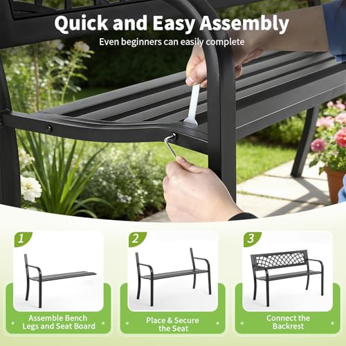 Garden Bench,Outdoor Benches,Iron Steel Frame Patio Bench with Mesh Pattern and Plastic Backrest Armrests for Lawn Yard Po...