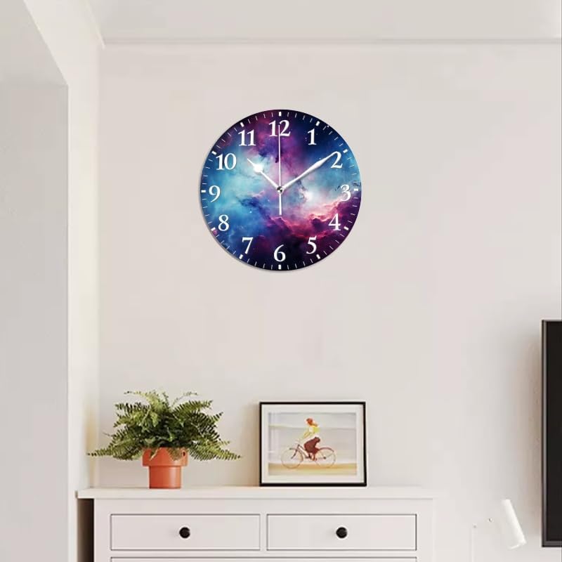Nebula Wall Clock Non-Ticking Silent Clocks Battery Operated Analog Decor Clock for Home-Amazing Nebula with Blue and Purple Colors(14inch)