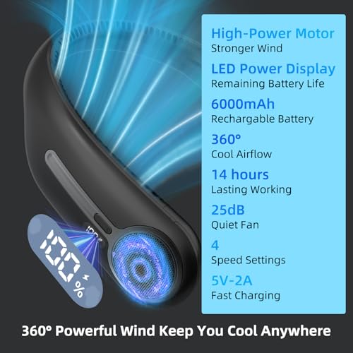 Portable Neck Fan,Hands Free Personal Wearable Bladeless Fan,6000mAh USB Rechargeable,360° Cooling,LED Display,4-Speeds,Bi...