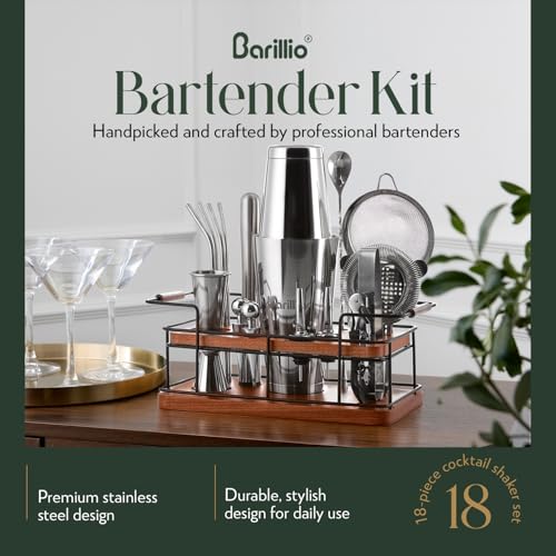 Barillio Bartender Kit – 23-Piece Stainless-Steel Cocktail Shaker Set with Premium African Mahogany Stand | Martini Barwar...