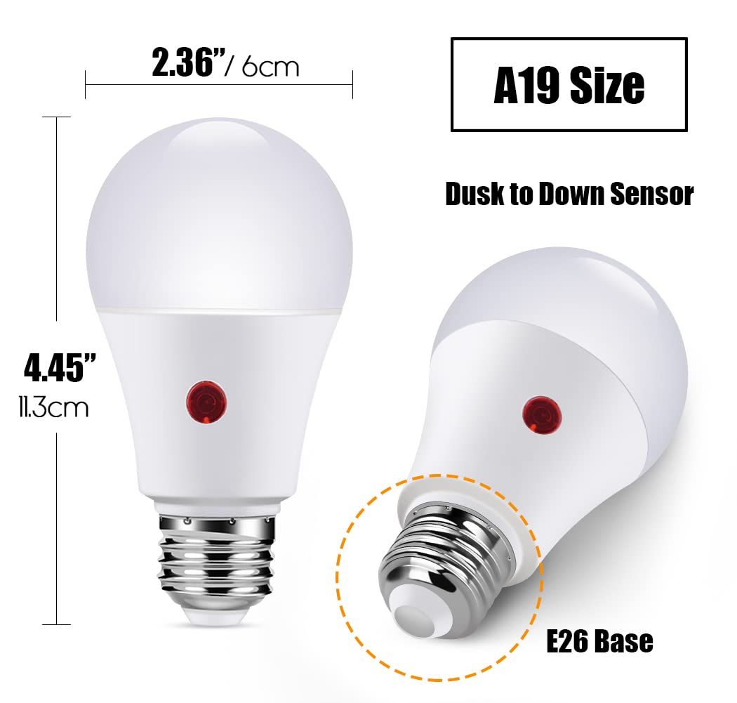 Emotionlite Dusk to Dawn LED Light Bulbs, 60W Equivalent, Neutral White, A19 Size, 9W, E26 Base, 3 Pack