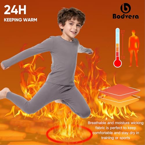 Bodvera Thermal Underwear for Kids，Boys Fleece Lined Base Layer Long Johns Thermals Top and Bottom Set for Winter Skiing