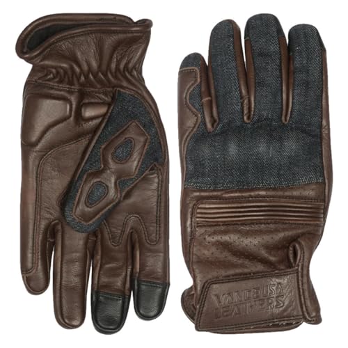 Vance Leather USA Denim & Leather Motorcycle Gloves with Touchscreen Compatibility, Breathable Riding Gloves
