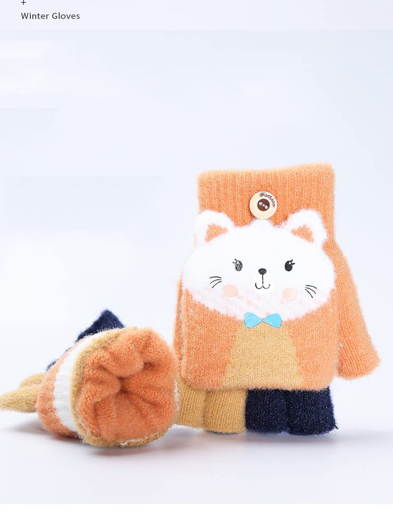 Cartoon Convertible Flip Top Gloves Toddler Kids Winter Wool Knit Fingerless Gloves with Mitten Cover for Girls Boys 2-15 Yrs (Pink Cat Kitten, For Girls boys 4-12 Years)