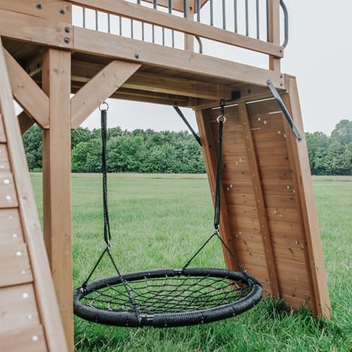 Backyard Discovery Sterling Point Cedar Wood Swing Set with Wave Slide, Raised Clubhouse, Wooden Bridge, Rock Wall, Belt S...