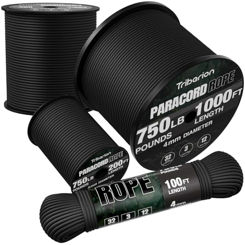 TRIBERION Paracord Rope 750 lb - 1000ft / 500ft / 200ft / 100ft 5/32" Parachute Cord 4MM 12-Strand para Cord - Heavy Duty ...