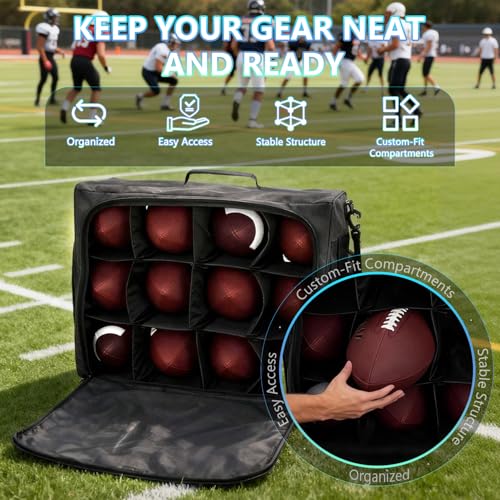 Football Bag Holds 12 Official-Size Footballs, 12-Compartment Ball Carrier with Dividers, Top-Open Organizer Case with Sho...