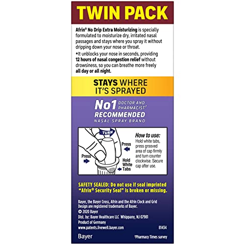 Afrin No Drip Extra Moisturizing Nasal Mist Twin Pack, Non-Drowsy, Fast-Acting Decongestant for Sinus Pressure and Dry Nasal Passages, Adults and Children 6 and Older, .5 fl oz (Pack of 2)