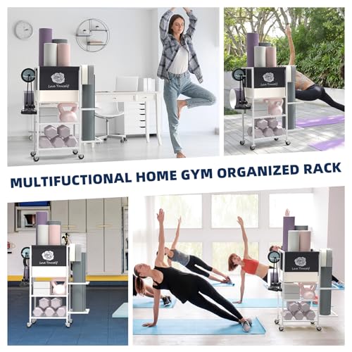 Yoga Mat Storage Rack，Home Gym Storage Rack Gym Workout Equipment Storage Organizer Fitness Weight Rack on Wheels for Yoga...