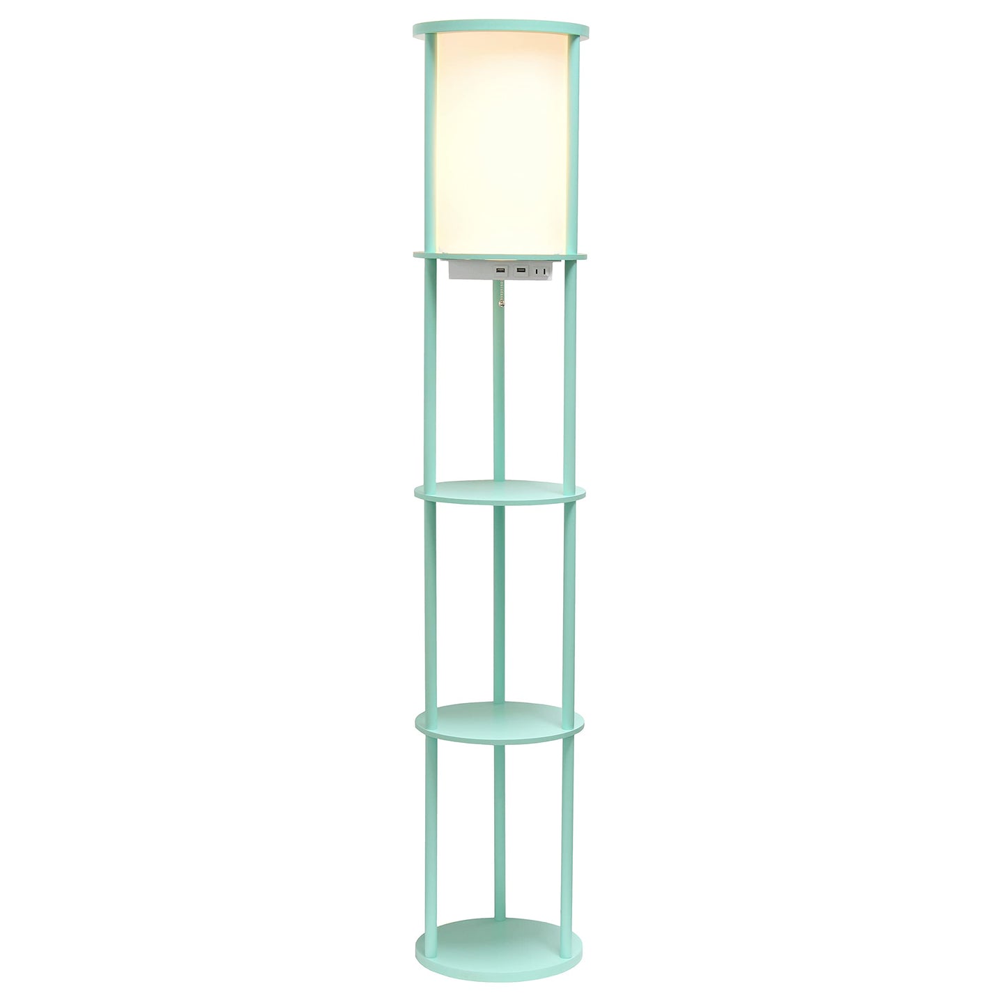 Simple Designs Round Shelf Etagere Floor Lamp with 2 USB Ports, Linen Shade, Aqua, 62.5in Tall, Model LF2010-AQU