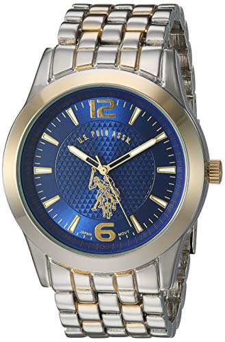 U.S. Polo Assn. Men's Analog Bracelet Watch – Blue Dial with Gold-Tone Bezel and Two-Tone Stainless Steel Band – Sleek, Du...