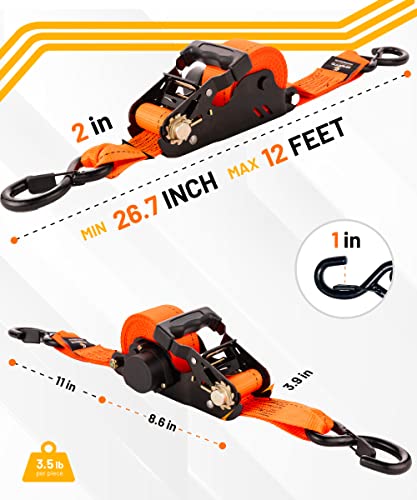 Strapinno 2PCs Retractable Ratchet Tie-Down Straps,5,000 lbs Break Strength- 2 in x 12 ft Heavy Duty Ratchet Strap with Sa...