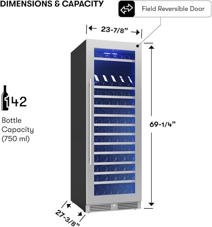Zephyr Presrv 24 Inch Wine Fridge Full Size Single Zone - Tall Wine Cooler Cellars Large Cabinet Wine Refrigerator Home Bar Chiller Freestanding with Glass Door for 148 bottles 750ml