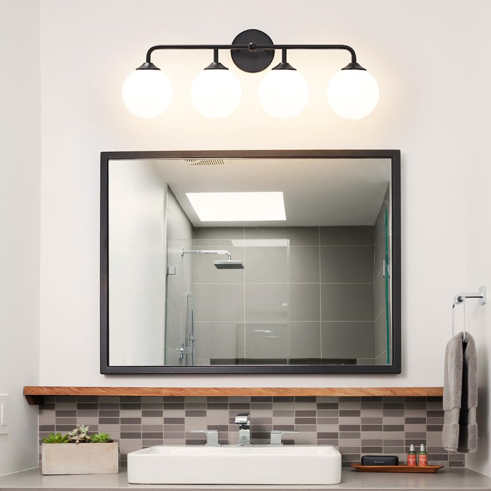 4-Lights Black Vanity Lights With Milky White Globe Glass Shade  Industrial Bathroom Wall Sconces Light Over Mirror  Vanity Lighting Fixture For Bathroom Dressing Table Bedroom Living Room