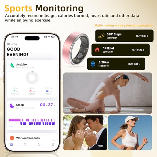 Potewek Smart Ring Long-Lasting Battery Chip Fitness Tracker Monitors Heart Rate Blood Oxygen Levels Records Sleep Step Co...