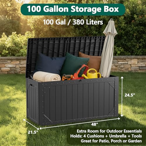 MAKE CHANGES 100 Gallon Outdoor Storage Box, Waterproof Resin Deck Box Organizer for Patio Cushion Storage, Lockable Outsi...