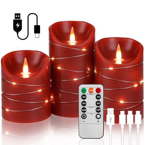 Red Rechargeable LED Flameless Candles 3-Piece Set (4/5/6 Inches) - Real Wax with String Lights, Remote Control & Timer, Safe Realistic Flames for Christmas/Halloween Holiday Home Decorations