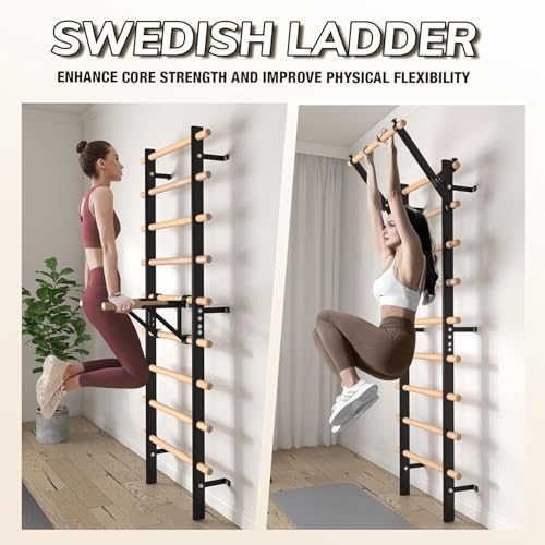 GMWD Swedish Ladder, Stall Bar, Suspension Trainer with Pull-Up Bar and Dip Bar Attachments, Wooden Stall Bar with 9 Strat...