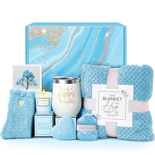 Self Care Get Well Soon Gifts for Women, Luxury Ocean Spa Gift Basket with Flannel Blanket - Unique Birthday Christmas Mot...