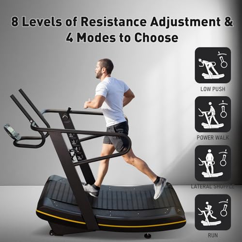 Curved Manual Treadmill - 8-Level Resistance Adjustment & LCD Display, Non-Electric Fitness Equipment for Home/Gym, Cardio...