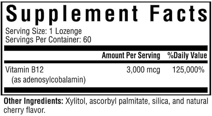 Seeking Health Adeno B12, 3000 mcg Adenosylcobalamin, Methyl-Free Vitamin B12 to Support Energy and Mood, Methylation Support, Naturally Sweetened, Vegan and Vegetarian (60 lozenges)*
