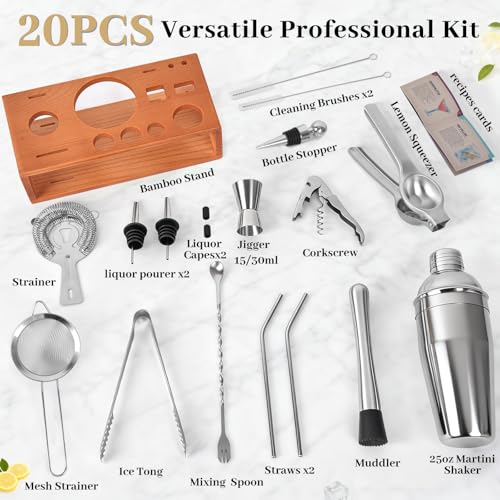 Vabaso 20-Piece Bartender Kit with Stand, Cocktail Shaker Set for Home Bar, 25oz Professional Stainless Steel Bar Tool Set...