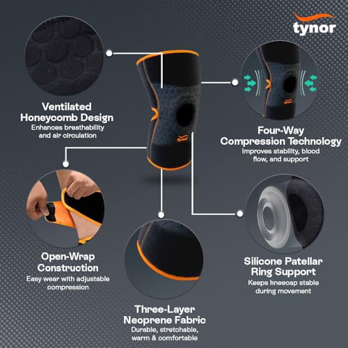 TYNOR Knee Support Brace for Men & Women, Adjustable Knee Compression Sleeve Wrap with Patellar Pad for Running, Knee Pai...