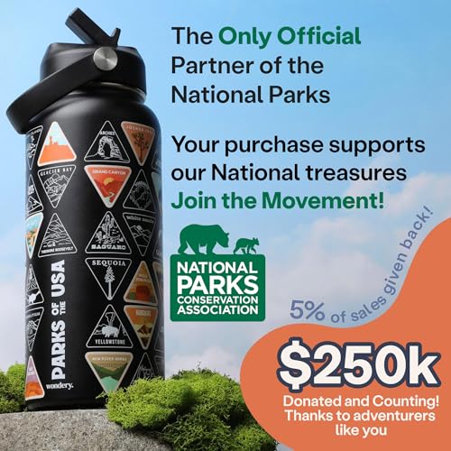 Wondery Parks of the USA® Water Bottle With 63 Waterproof Stickers of Parks (USA), 32 oz Stainless Steel Water Bottle for ...