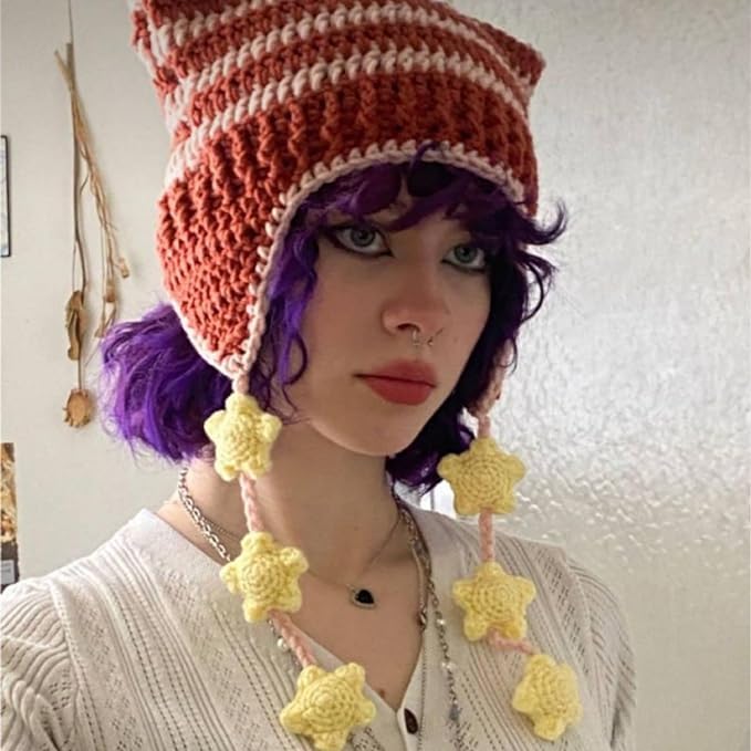 Cat Beanie Beanies Y2k Beanie Knit Hat Grunge Goth y2k Accessories Crochet Hats for Women (Black Green-A)