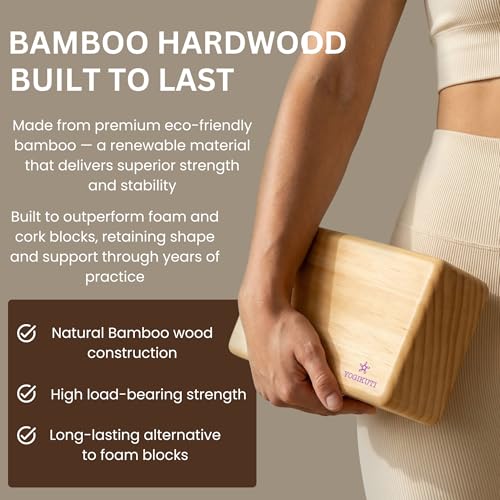 Yogikuti Bamboo Yoga Block Set of 4 – Premium Wooden Support Block for Iyengar Yoga, Pilates and Fitness – Lightweight, St...