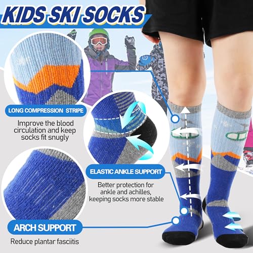 ANTSANG 3 Pairs Kids Merino Wool Ski Socks Boys Girls Thermal Thick Warm Winter Cozy Socks for Skiing Snowboarding