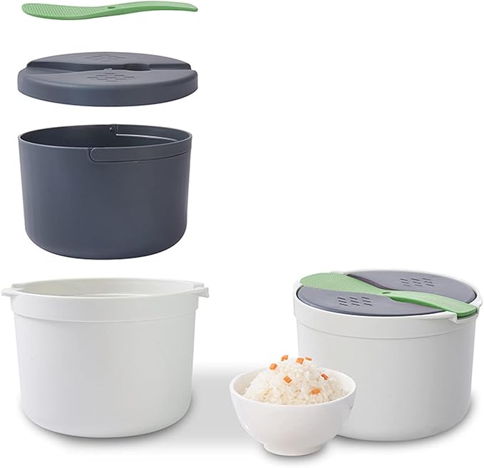 Ejoyous Microwave Rice Cooker, 2L Microwave Steamer Food Grade PP Material Microwave Rice Cooker with Rice Spoon for Home Kitchen Rice Cooking (Green)