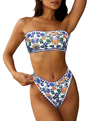 ZAFUL Women Strapless Textured Bandeau Bikini 2 Piece Swimwear Cheeky Solid Lace up Bathing Suits