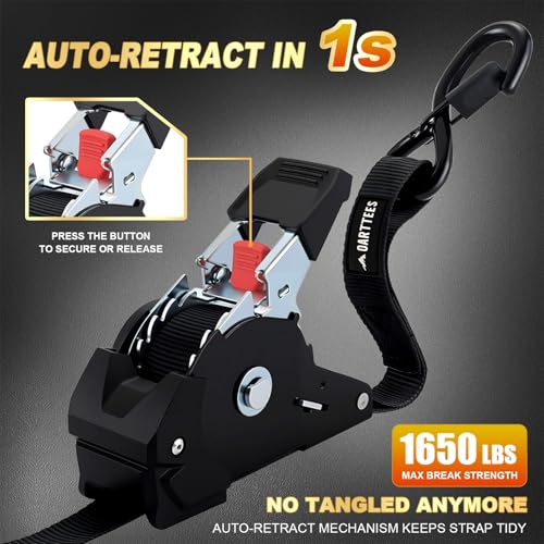 Retractable Ratchet Straps (4-Pack) - 1 Inch x 10 Feet (1,650lb Break Strength) - Heavy Duty Auto Self Retracting Tie Down...