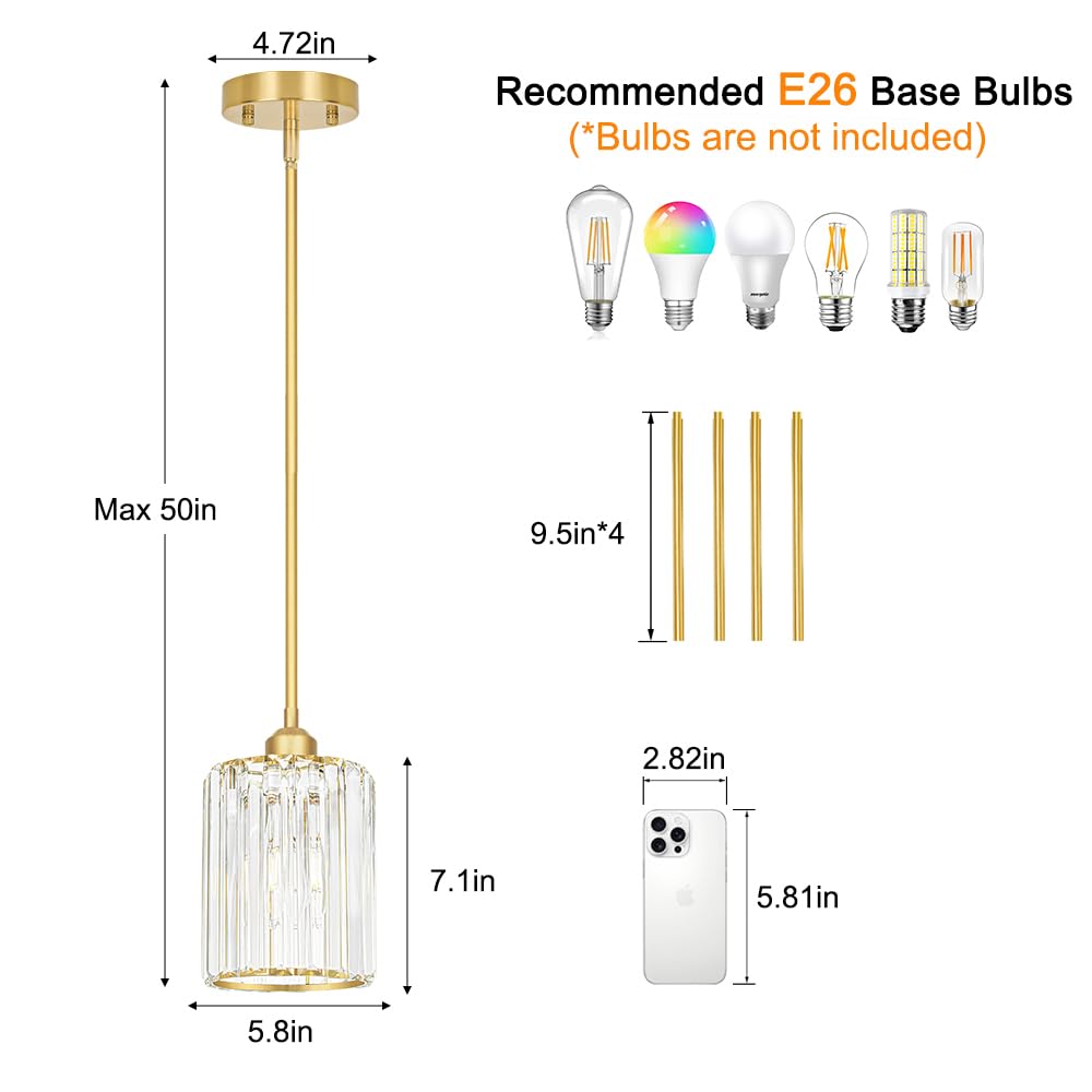 Lxybcce Gold Kitchen Pendant Lights Over Island With Adjustable Rods - Crystal Pendant Lighting Fixtures 3 Pack  Ideal Over Dining Table Or Bar  E26 Bulb Compatible  No Electrician Needed