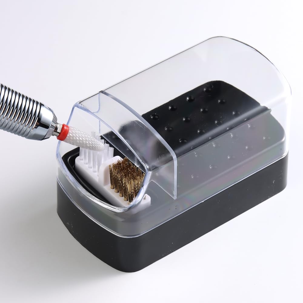 2 in 1 Nail Drill Bits Holder with Nail Drill Bits Cleanser, 30 Holes Dustproof Drill Bits Stand Display Storage Box, Steel Wire