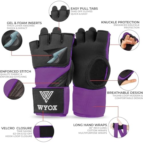 WYOX Gel Boxing Hand Wraps Inner Gloves for Men & Women, 80cm Quick Wrist Straps, Padded Knuckle Protection for Muay Thai ...