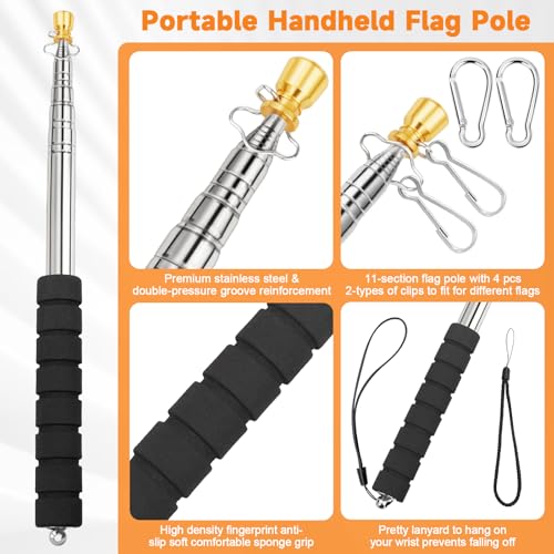 Portable Handheld Flag Pole for Carrying, 8.2Ft/2.5M Stainless Steel Telescopic Hand Held Carry Flag Pole, Telescoping Tou...